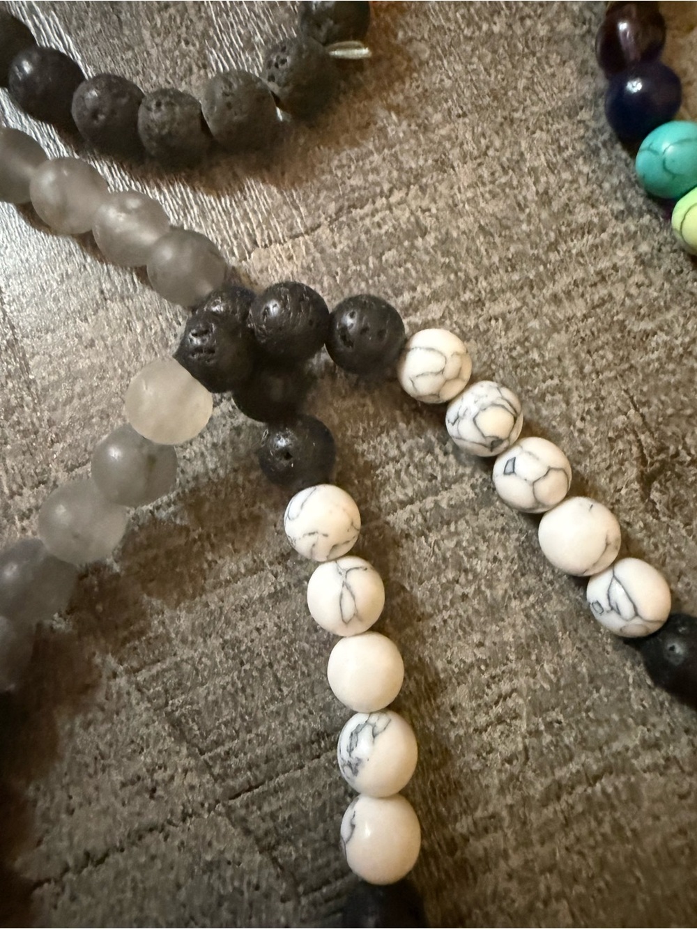 Howlite and Lava Bead Stretch Bracelet - White and Black and necklace